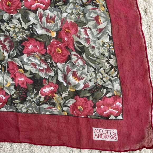 Alcott & Andrews sheer silky crepe scarf red & sage floral square cottagecore - Picture 3 of 7